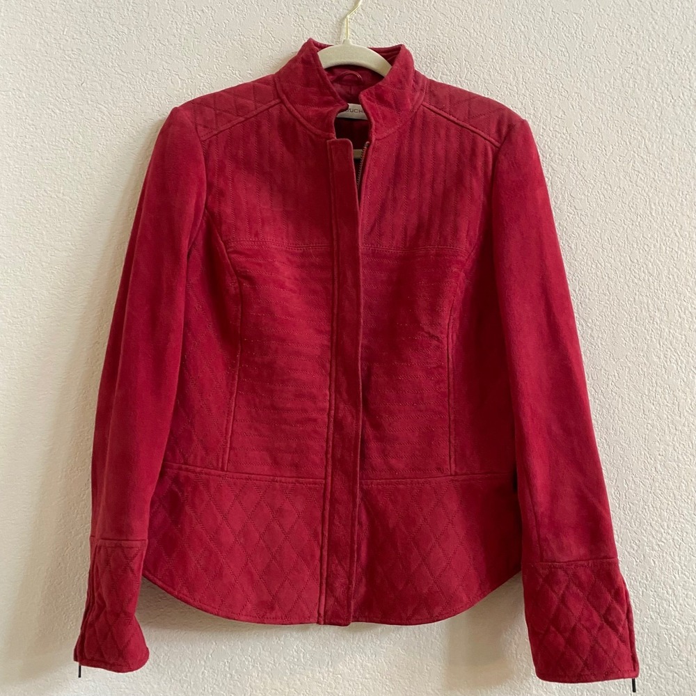Vintage Dana Buchman Red Suede Quilted Moto Jacket Womens Size 6 Full Zip